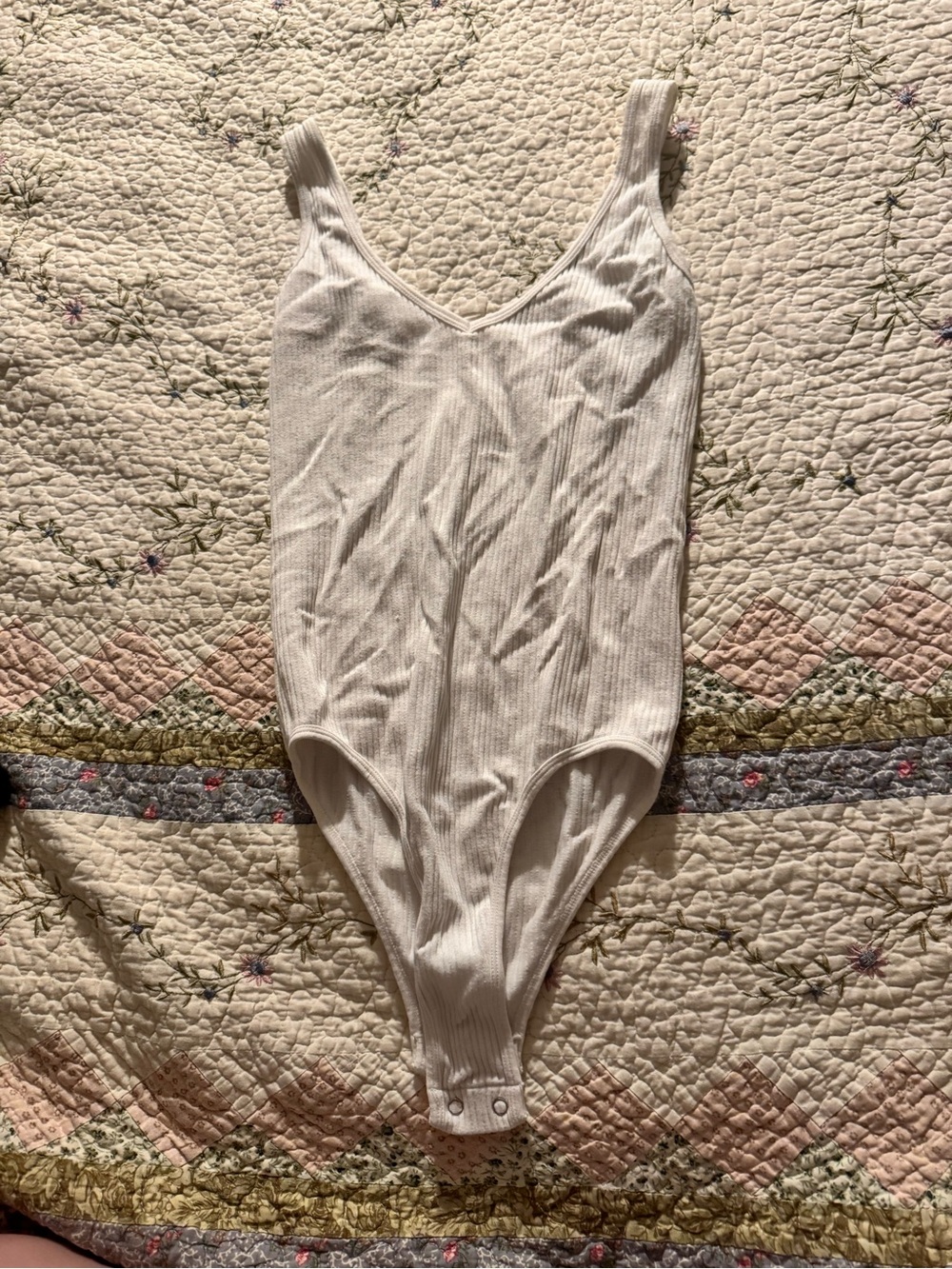 Ribbed V-Neck White Bodysuit